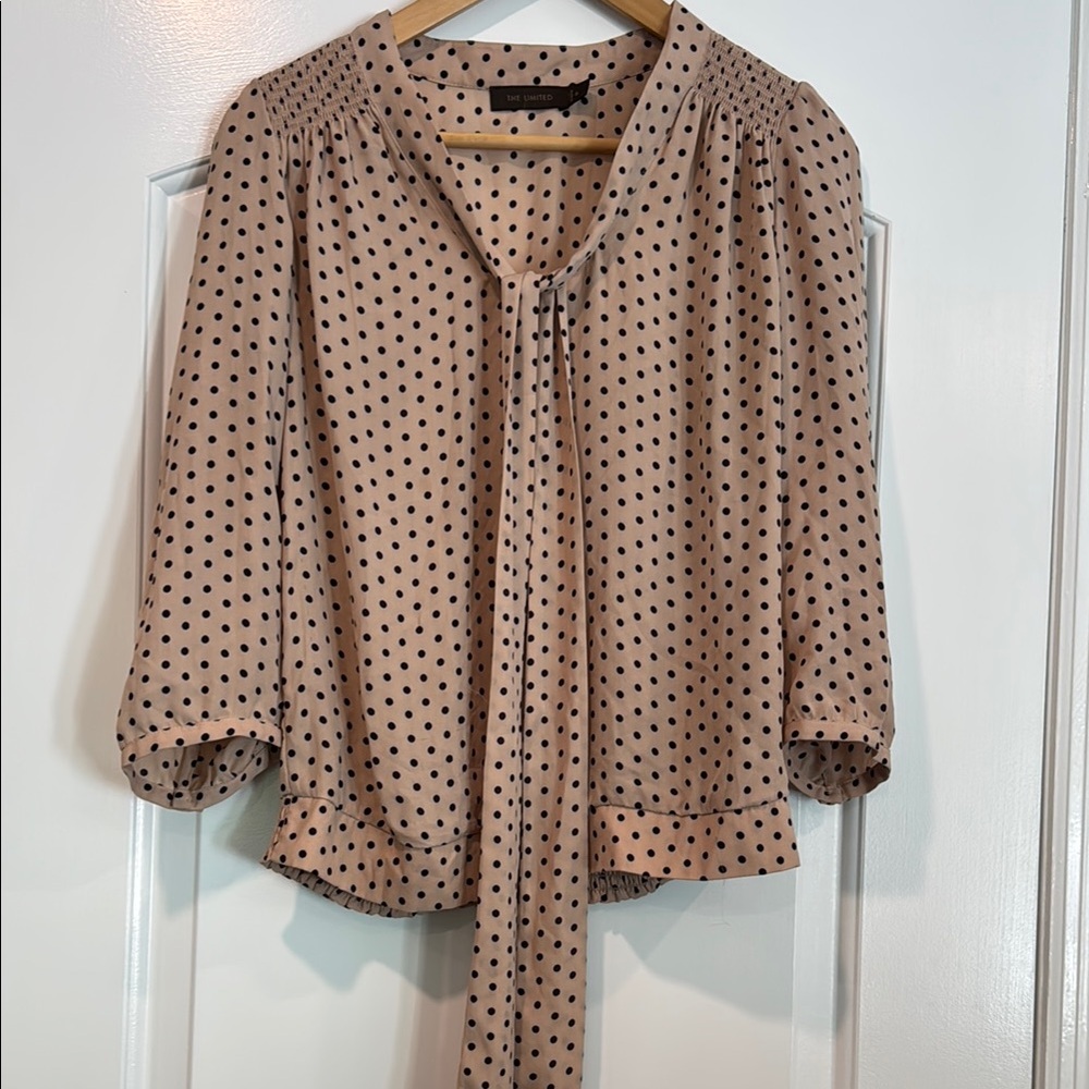 The Limited Blush Pink Polka Dot Tie-Neck Blouse